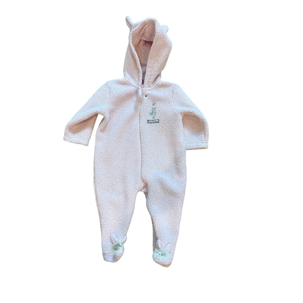 Peter Rabbit Baby Girl 6-9M Pink Fleece Hooded Bunny Footed Sleeper EUC